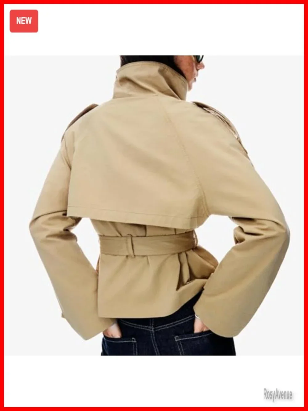 Cropped Trench Coat Double Breasted Belted Funnel Neck Fall Jacket